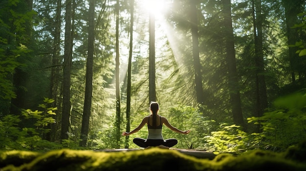 Una donna che medita in una foresta con il sole che splende attraverso gli alberi