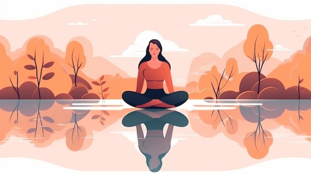 Una donna che medita in una posa yoga con la parola yoga sul fondo.
