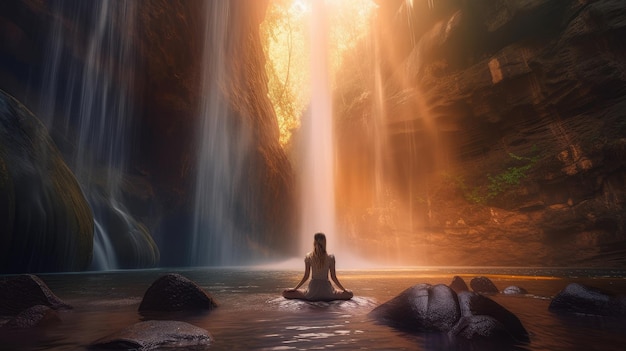 Una donna che medita in una pozza d'acqua con una cascata sullo sfondo.