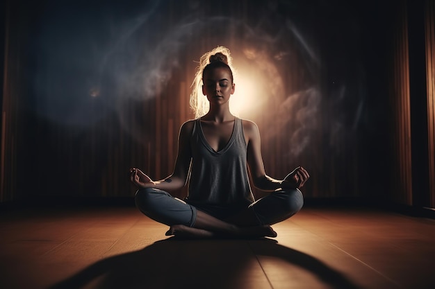 Una donna che medita in una stanza buia con uno sfondo fumoso