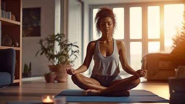 Una donna che medita in uno studio di yoga