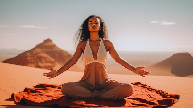 Una donna che medita nel deserto