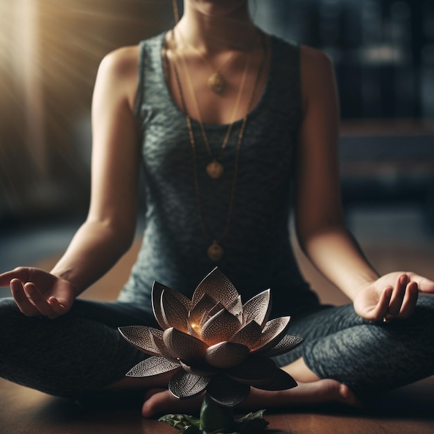 una donna che medita nella posizione del loto con il fiore di loto in primo piano.
