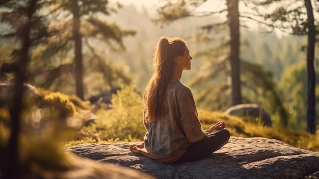 Una donna che medita su una roccia nella foresta