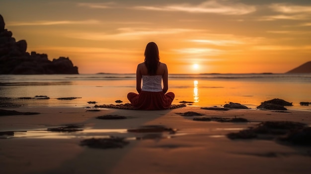 Una donna che medita su una spiaggia con il sole che tramonta dietro di lei.