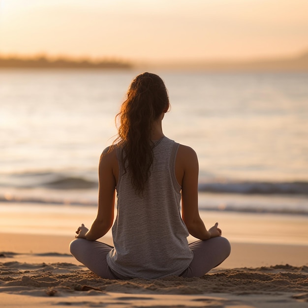 una donna che medita sulla spiaggia con il sole che tramonta alle sue spalle.