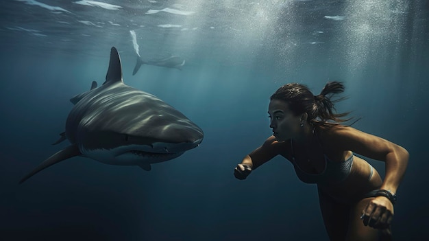 Una donna che nuota accanto a uno squalo nell'oceano