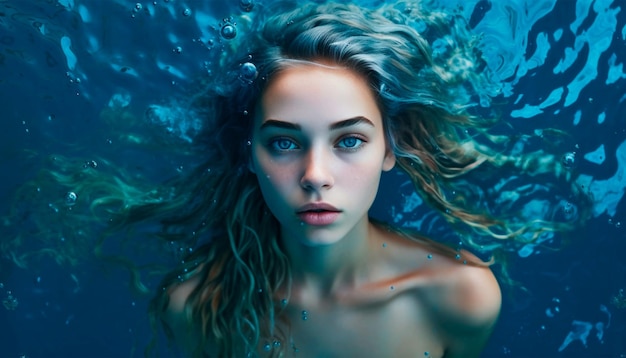 Una donna che nuota in acqua con gli occhi azzurri