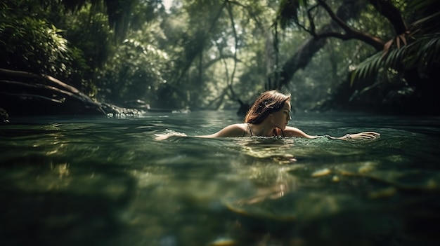 Una donna che nuota in un fiume con uno sfondo verde e un albero sullo sfondo.