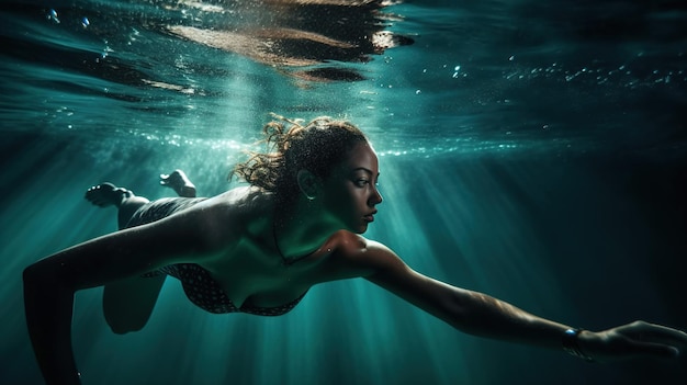 Una donna che nuota sott'acqua con le braccia tese.