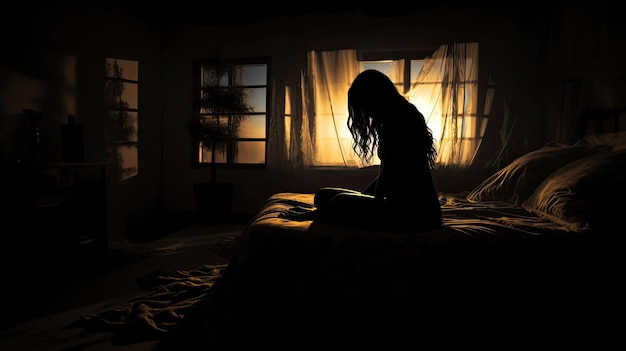 Una donna che piange seduta su un letto in una camera da letto