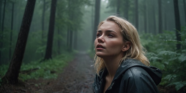 una donna che piange sotto la pioggia mentre guarda il cielo mentre è in mezzo alla foresta