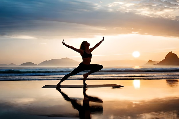 Una donna che pratica yoga sulla spiaggia al tramonto