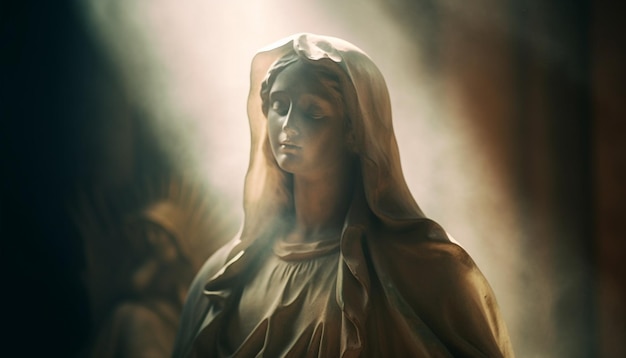Una donna che prega Dio alla statua generata da AI