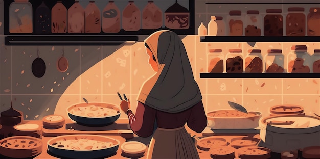 Una donna che prepara il cibo per l'illustrazione di arte digitale sahoor