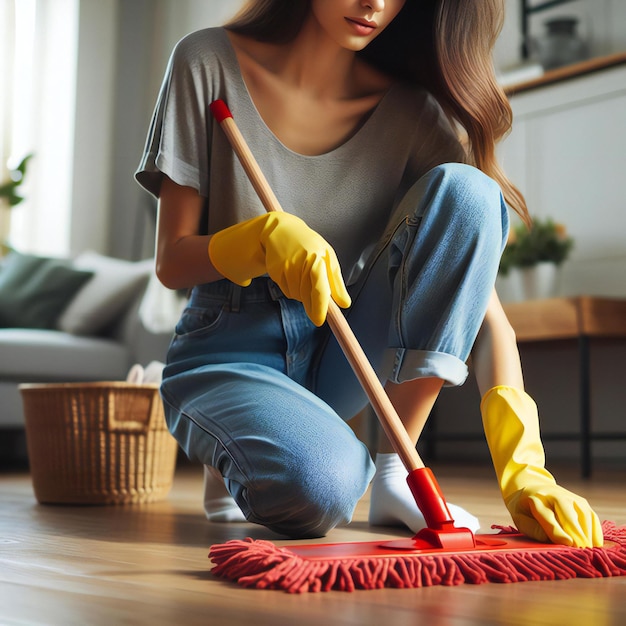 una donna che pulisce il pavimento con una scopa