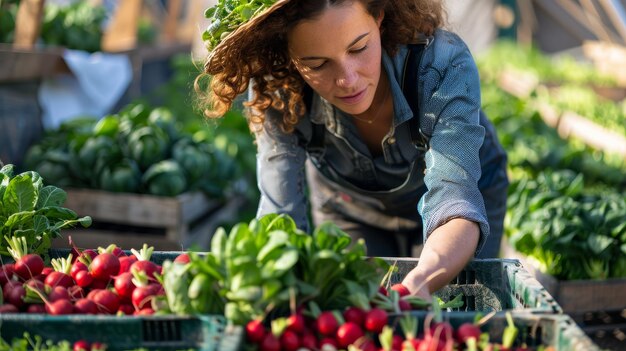 Una donna che raccoglie felicemente fragole mature in un giardino vivace