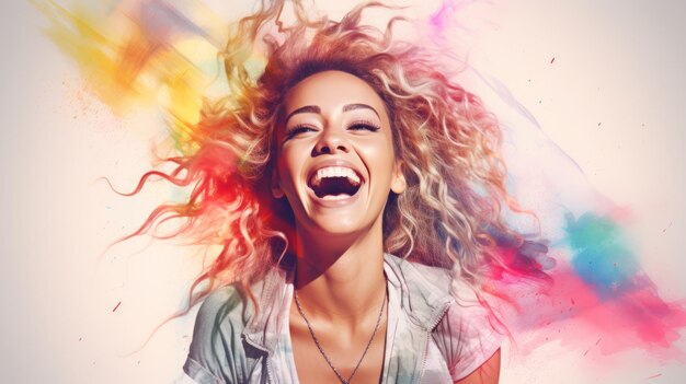 una donna che ride con vernice colorata sui capelli