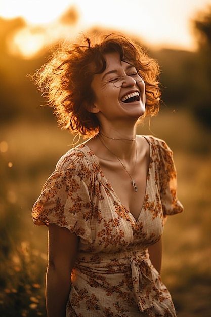 Una donna che ride in un campo con il sole alle spalle