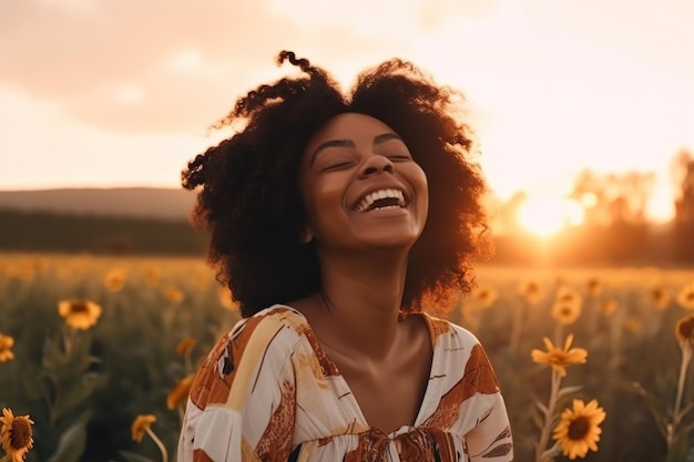 Una donna che ride in un campo di girasoli