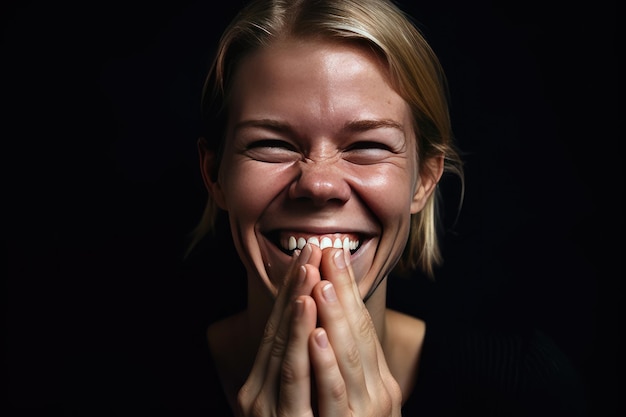 Una donna che ride mentre tiene le mani alla bocca