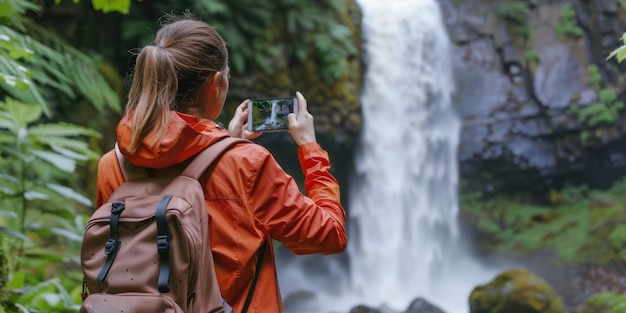Una donna che scatta una foto di una cascata mozzafiato con il suo smartphone
