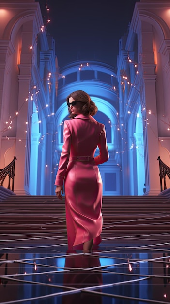 Una donna che scende con grazia una scalinata con indosso un vivace abito rosa