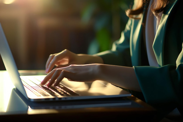 una donna che scrive su un computer portatile al sole