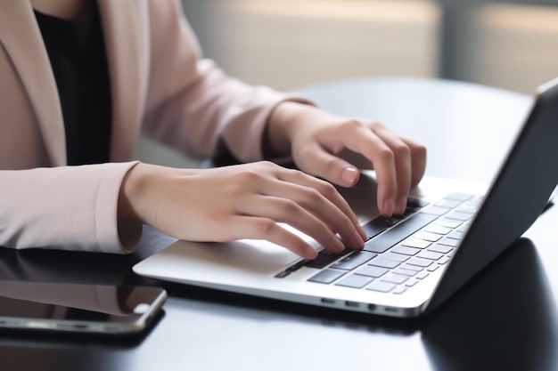 Una donna che scrive su un laptop con un telefono accanto a lei.