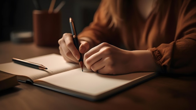 Una donna che scrive su un taccuino con una penna.