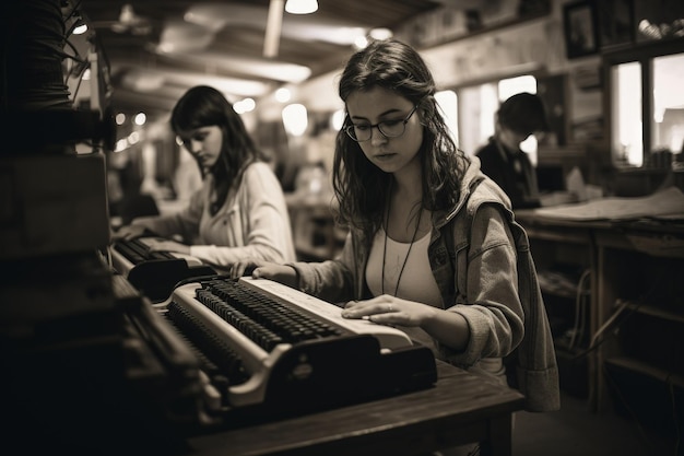 Una donna che scrive su una vecchia macchina da scrivere