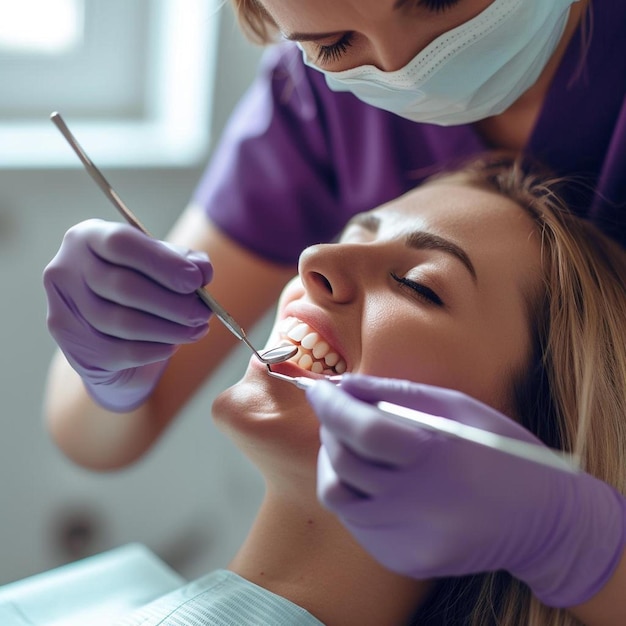 una donna che si fa esaminare i denti da un dentista