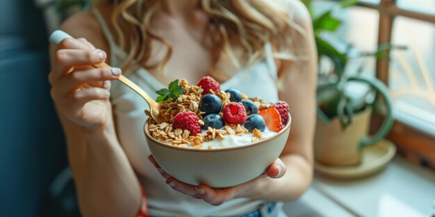 Una donna che si gode una ciotola di yogurt con bacche e granola a colazione