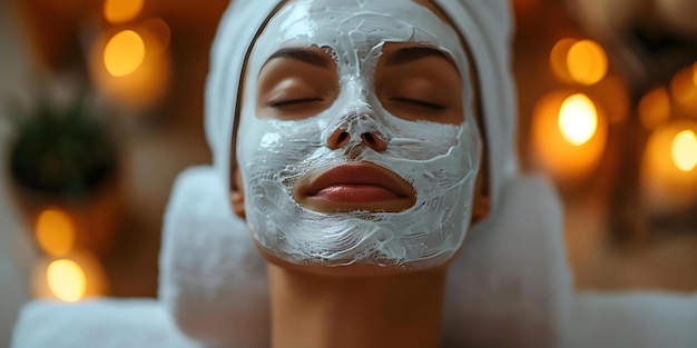 Una donna che si indulge in un'esperienza spa rinfrescante con una maschera per il viso Concept Spa day Relaxation Skincare routine Selfcare Pampering