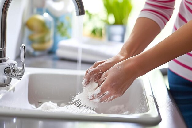 una donna che si lava le mani in un lavandino della cucina