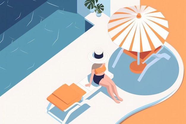 Una donna che si rilassa intorno a una piscina in una vacanza generativa ai