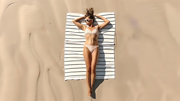 Una donna che si rilassa su una spiaggia sabbiosa prendendo il sole su un asciugamano a righe Giorno perfetto per una vacanza in spiaggia Sole estivo e concetto di rilassamento AI