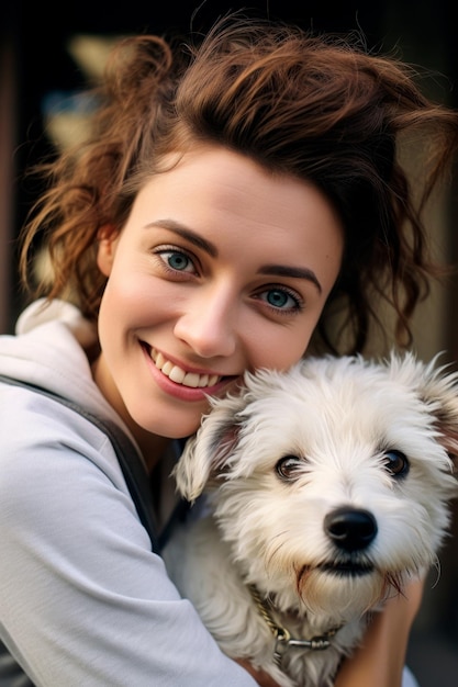 Una donna che si scatta un selfie con il suo amato cane AI generativa