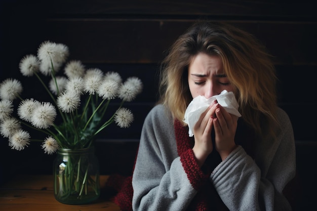 una donna che si soffia il naso davanti a un vaso di denti di leone