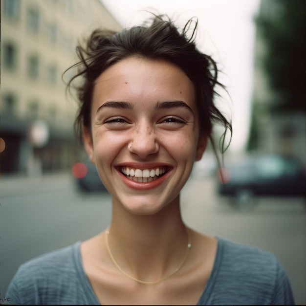 una donna che sorride con un sorriso sul viso.