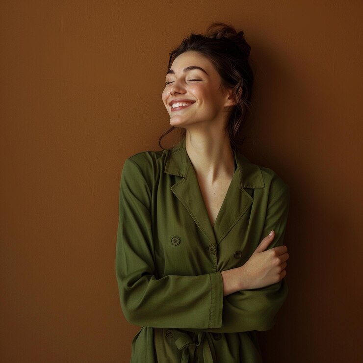 Foto una donna che sorride e sorride con le mani sui fianchi