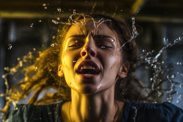 Una donna che spruzza nell'acqua con la bocca aperta