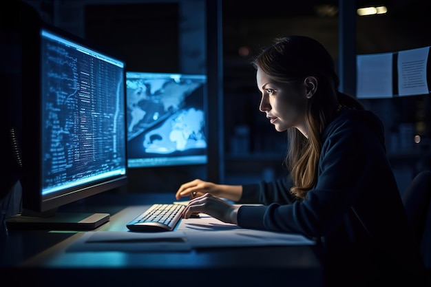 una donna che studia sicurezza informatica al computer a tarda notte