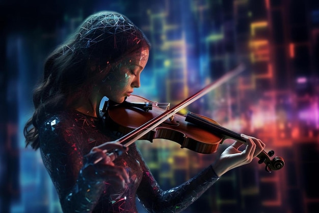 Una donna che suona il violino con le parole "musica" sullo schermo.