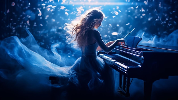 una donna che suona un pianoforte con le parole " il nome " in fondo.