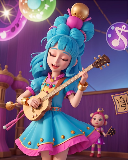 una donna che suona una chitarra con una bambola sullo sfondo.