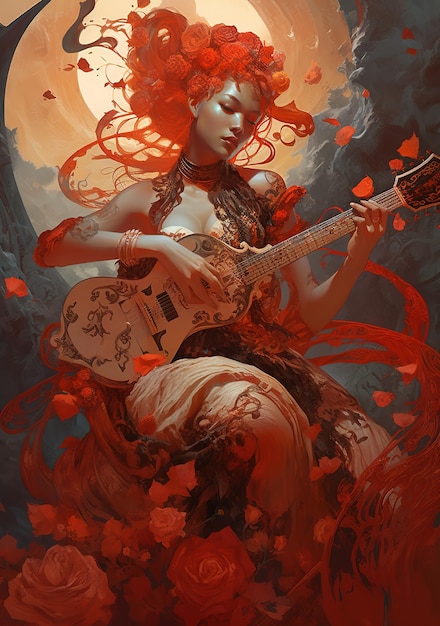 Una donna che suona una chitarra con una luna dietro di lei.