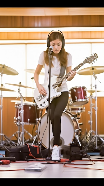 una donna che suona una chitarra davanti a una batteria.