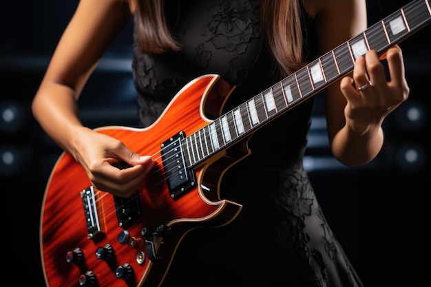 Una donna che suona una chitarra elettrica davanti a un riflettore ai