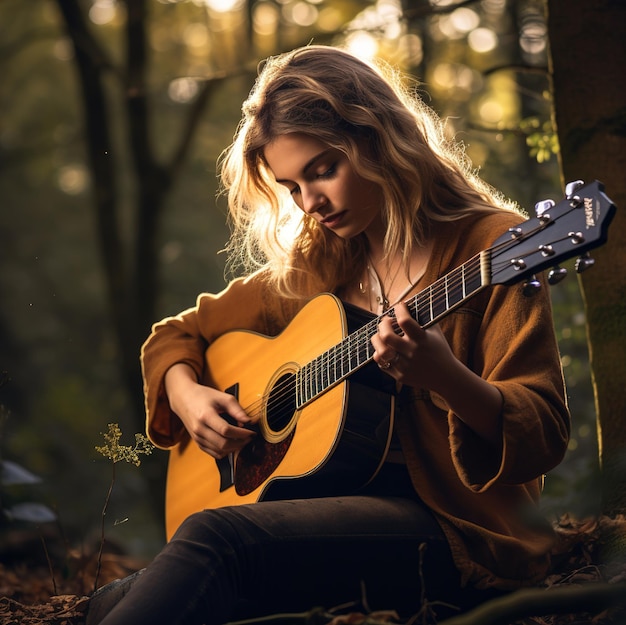 una donna che suona una chitarra nel bosco con una chitarra in mano